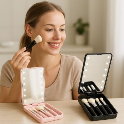 Conjunto de mini pincéis com espelho LED | GLOBRISTIC